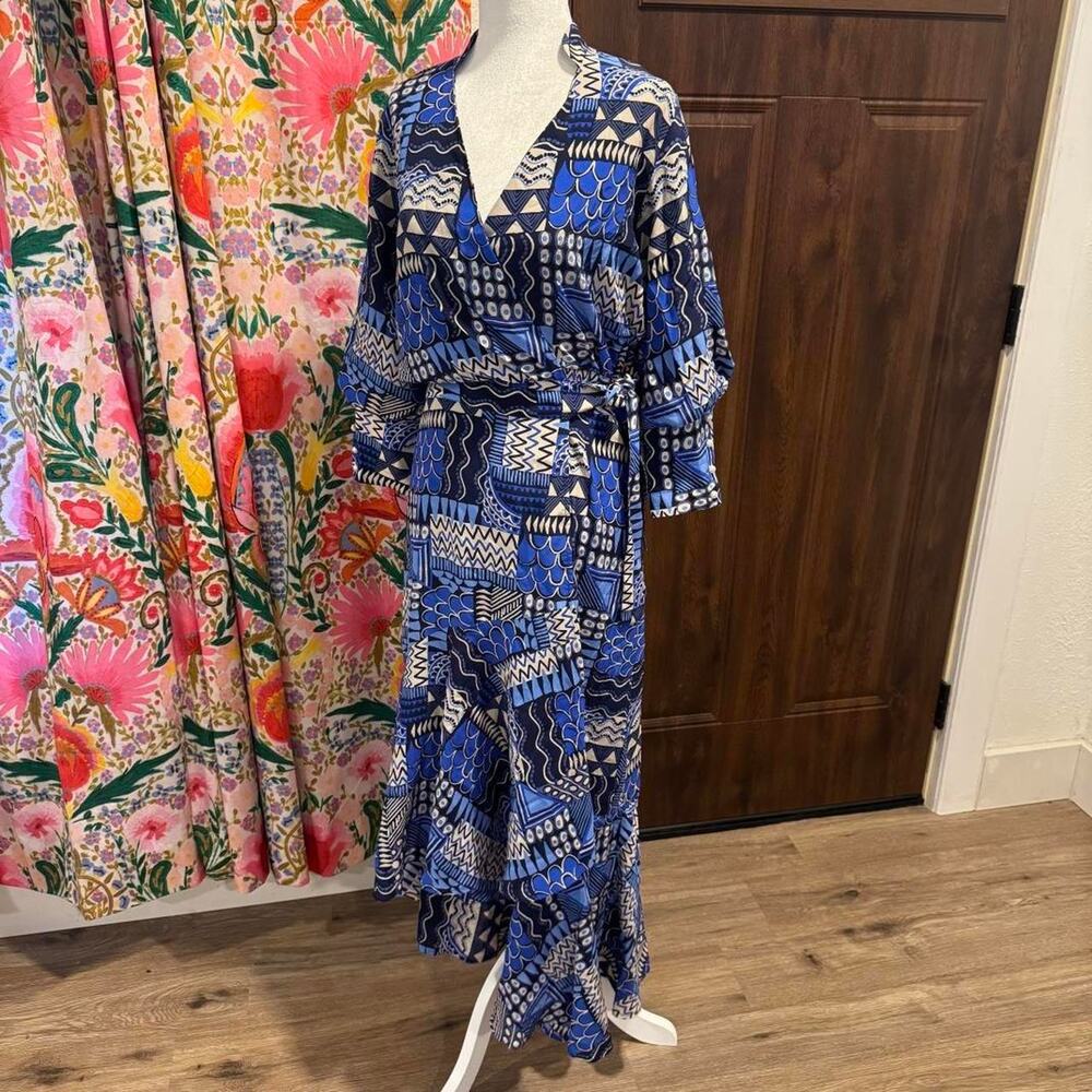 Tylerboe SILK Blue Maxi wrap Dress Ruffles